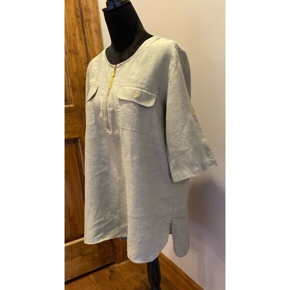 Ellen Tracy Blouse 100% Linen Sz Large Gray Green Top Tunic Front Pockets Hi Low - Picture 4 of 11
